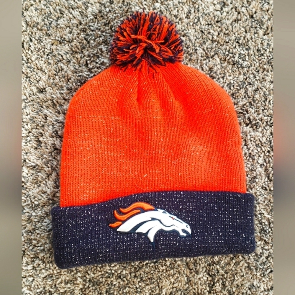 Official NFL| Denver Broncos Sparkly Beanie Hat with Pompom